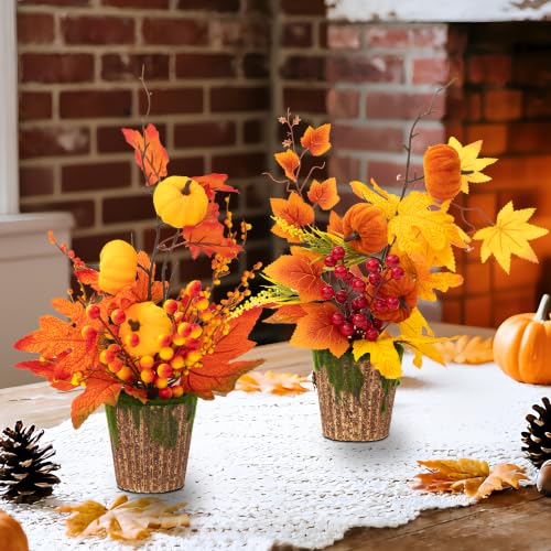 Artificial Pumpkin and Maple Leaf Fall Centerpieces Set - Orange and Red, 2 Pieces