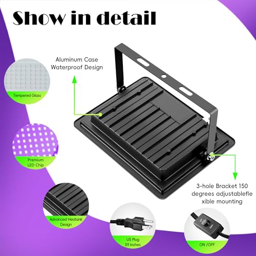2 Pack 100W UV LED Black Light Flood Lights IP66 Waterproof for Parties & Stage