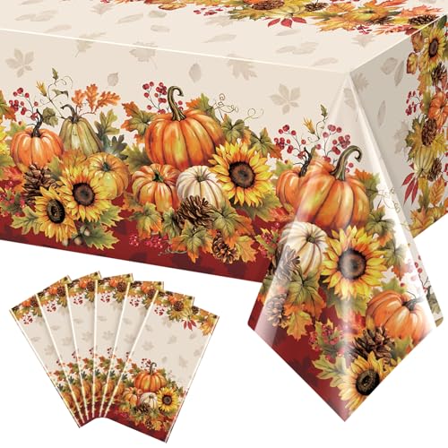 6 Pack Fall Sunflower Pumpkin Tablecloths 108x54 Inch Autumn Harvest Thanksgiving Halloween Plastic Disposable Rectangular Table Covers - Variation 6