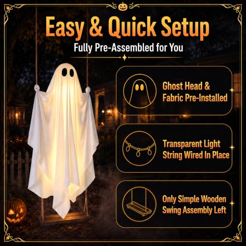 Large 5FT Hanging Ghost Decor with Remote Lights for Halloween Outdoors