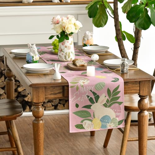 Pink Bunny Eggs Leaves 13x90 Inch Easter Table Runner Seasonal Spring Home Decor
