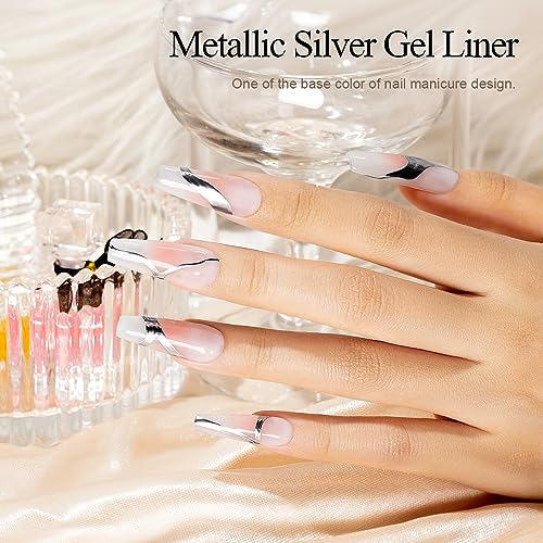 Metallic Silver Nail Art Gel Liner with Thin Brush - Mirror Chrome Effect 8ml