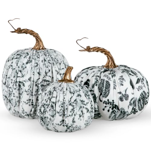 Set of 3 Velvet Fake Pumpkins - Black and White Fall Decor for Home Indoor