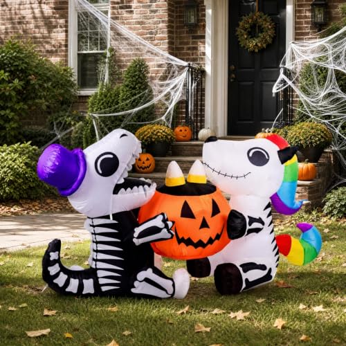 6 Ft Inflatable Sitting Skeleton Dinosaur with Pumpkin Halloween Yard Decor