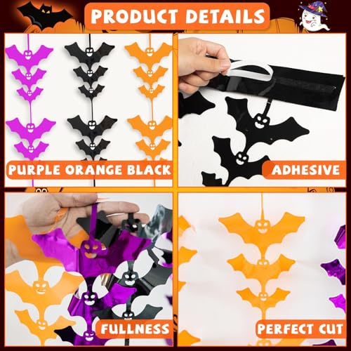Halloween Foil Fringe Curtains 3 Pack Bats Tinsel Backdrop Party Decor - Purple, Orange, Black