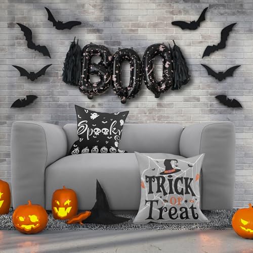 Halloween Pillow Covers 18x18 Black Skeleton Ghost Pumpkin Trick or Treat Decor Set - 2 PCS