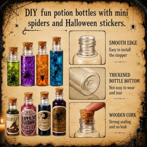 Halloween Potion Bottles Set - 24 Clear Plastic Bottles with Corks & Decorations