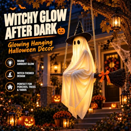 5FT Flying Ghost Witch Halloween Decoration with Light-Up Broomstick & Hat