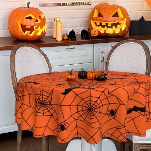 Halloween Spider Web Tablecloth 60 Inch Round Orange Waterproof Polyester - Variation of THIS listing