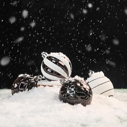 Christmas Ornaments Set - 16 Black & White Shatterproof Balls for Xmas Tree Decoration