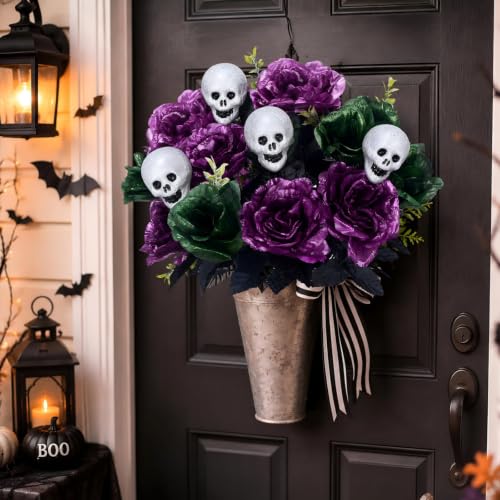 Purple Halloween Flower Bouquet - 18in Artificial Peony & Rose with Skull, 2 Pcs