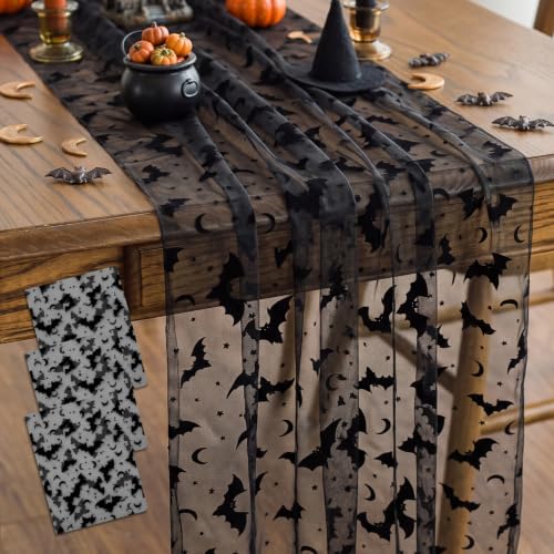 Bat Halloween Table Runner Set - Black Flocked Lace, 3 Pieces, 70x30 Inches