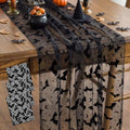 Bat Halloween Table Runner Set - Black Flocked Lace, 3 Pieces, 70x30 Inches