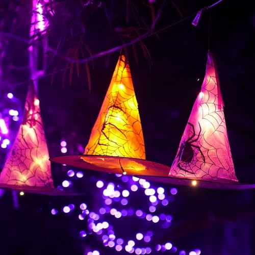 FUNPENY Halloween Hanging Witch Hat String Lights - Purple & Orange 2 Pack Waterproof Indoor Outdoor Decorations