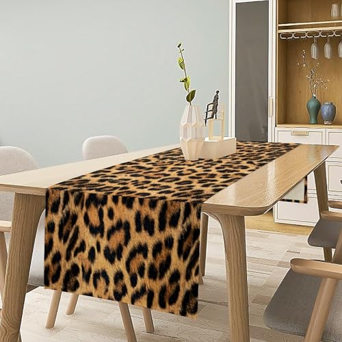 Leopard Print Table Runner 13x120in Faux Linen Farmhouse Dining Decor - Black & Brown Variation