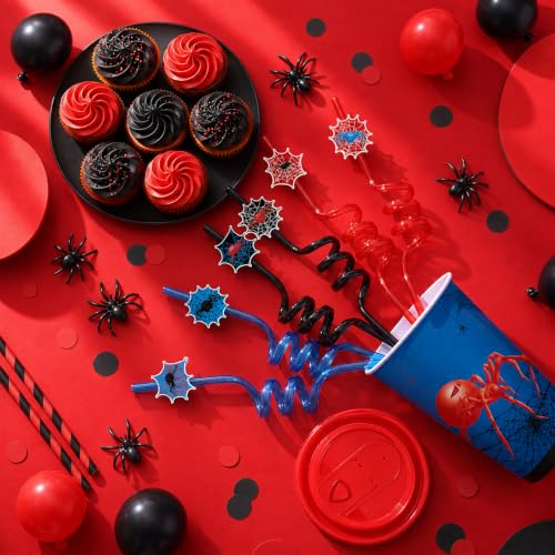 24 Sets Spider Party Cups with Lids & Straws - Reusable 16oz Plastic Party Favors - Halloween & Birthday Decor