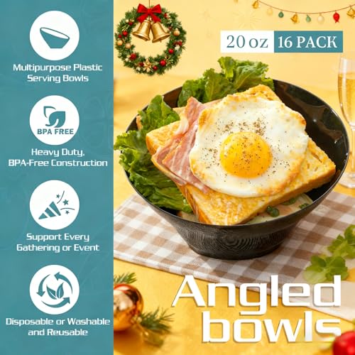 16 Pack Black Plastic Serving Bowls for Weddings & Parties - Angled Design, 20oz