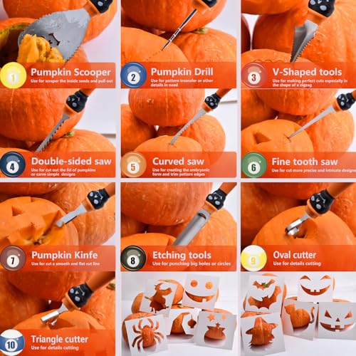 Black Pumpkin Carving Kit Tools Halloween Set - Heavy Duty Stainless Steel