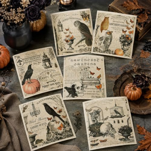 Halloween Vintage Owl Crow Skull Cotton Kitchen Towels - 12 Pcs, Absorbent & Reusable