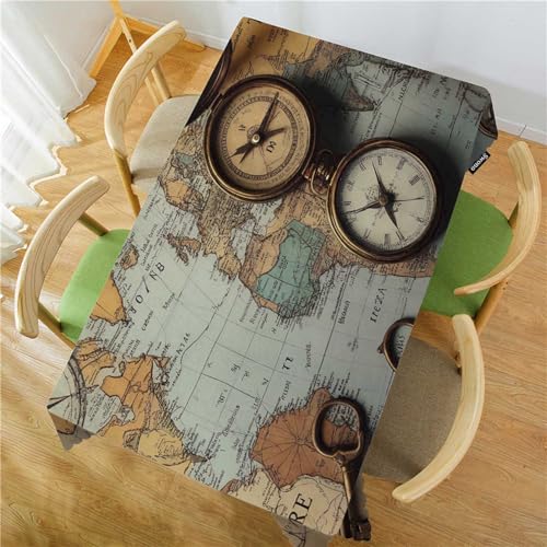 Ancient World Map Tablecloth 52x70 Inch Rectangular Retro Kitchen Cover for Dining & Parties - Bronze Coin & Skeleton Key Design