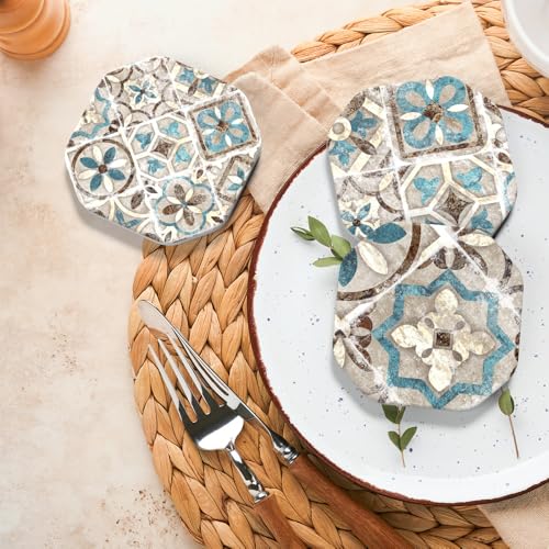 Mandala Ceramic Coasters Set of 6 with Holder - Absorbent Vintage Tile