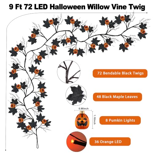 9FT Halloween Willow Vine Garland with Pumpkin & Orange Lights - Black, 8 Modes, Waterproof, Indoor Decor - Orange