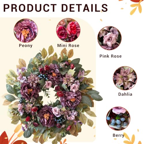 Purple Fall Wreath for Front Door - 24 Inch Autumn Decoration, Handcrafted with Flowers & Berries