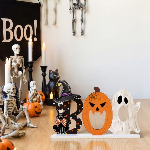 Smile Halloween Wooden Standing Decor Set Ghost Pumpkin Black Cat Letter Boo