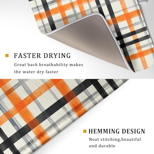24 x 24 Inch Buffalo Plaid Dish Drying Mat - Fall Orange Black Reversible Microfiber Kitchen Decor