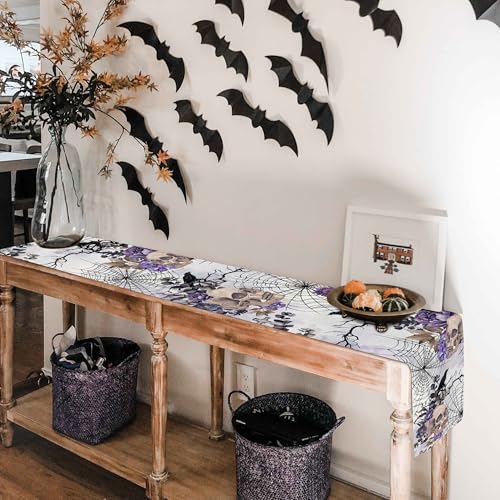 Purple Gothic Skull Halloween Table Runner - 13x36 inch Modern Design