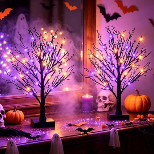 Halloween Decor Indoor 2 Pack 24-Inch Black Halloween Trees with Orange & Purple LED Lights - USB & Battery Powered, Spooky Twig Trees with Timer