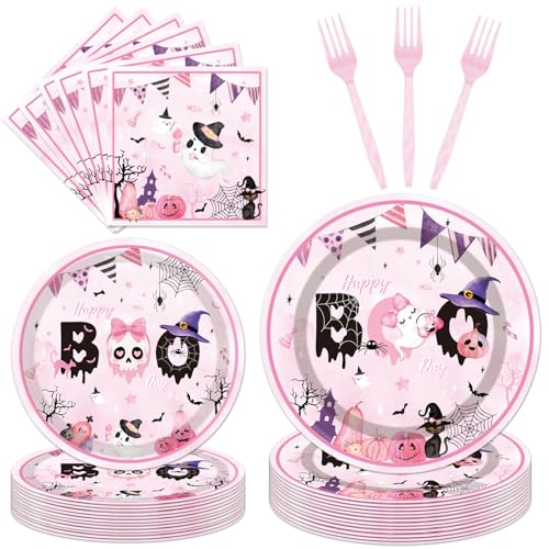 Happy Boo Day Halloween Party Disposable Tableware Set for 24 Guests - Pink Ghost & Pumpkin Design