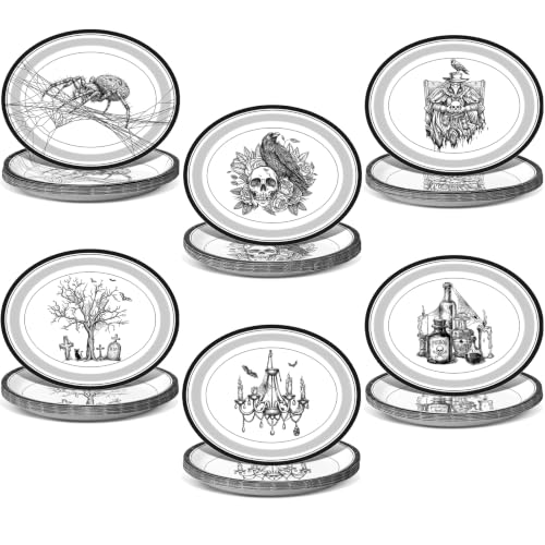Halloween Gothic Paper Plates - 60 Disposable Oval Tableware with Spooky Designs - Variation: Gothic Halloween