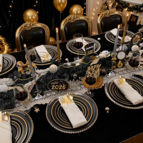 Black and Gold Disposable Plates Set - 200 Heavy Duty Party Tableware - Wedding, Birthday, Halloween