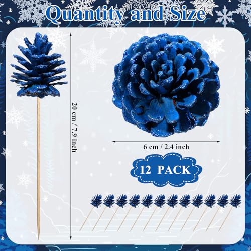 Blue Christmas Pine Cone Picks Set of 12 - Glitter Holiday Tree Decorations