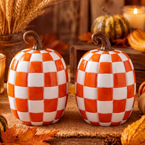 Large Orange and White Resin Pumpkin Halloween Decor - 8.6 Inch Set - Fall Harvest Decorations