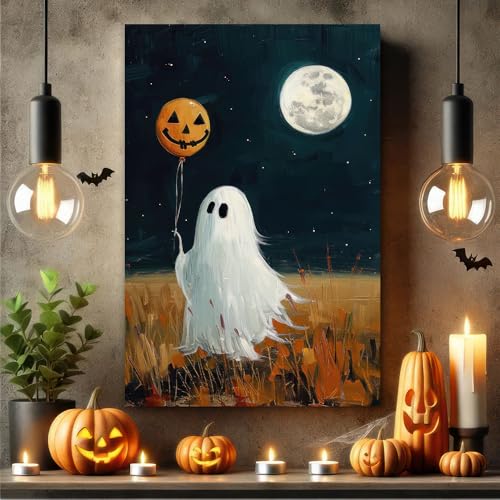Halloween Ghost Wall Art Canvas - Moon Walk Variation 24x16 Inches