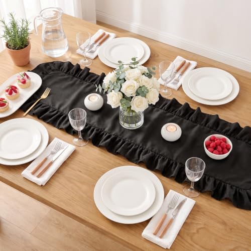 Black Satin Ruffle Table Runner Set - 3 Pack, 14x118 Inches, Formal Decor