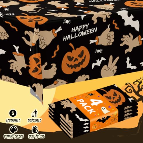 Halloween Pumpkin Tablecloth Set - 4 Pack 54x108 Inch Plastic Halloween Party Covers