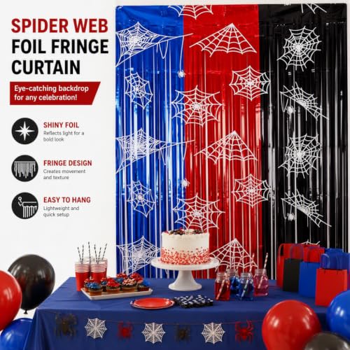 Spider Web Foil Fringe Curtain Backdrop for Halloween & Party Decorations - 2 Pack