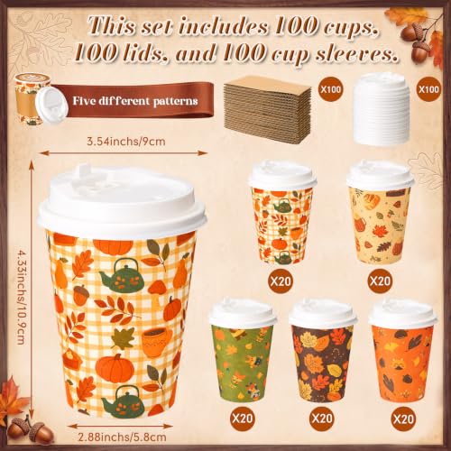 Orange Cartoon Fall 12oz Coffee Cups with Lids and Sleeves Bulk Set