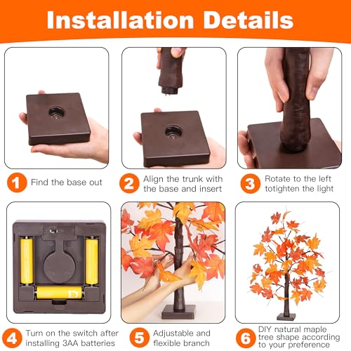 1 Pack 24-Inch Lighted Fall Maple Tree with LED Lights, Battery Operated Autumn Tabletop Decor – Thanksgiving & Indoor Fall Centerpiece