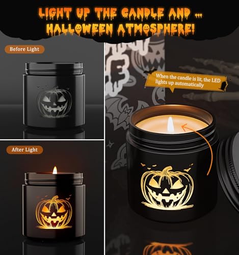 Halloween Candle Set - 4 Scented LED Carved Spooky Decor Candles with Glass Containers - Halloween Candle Set