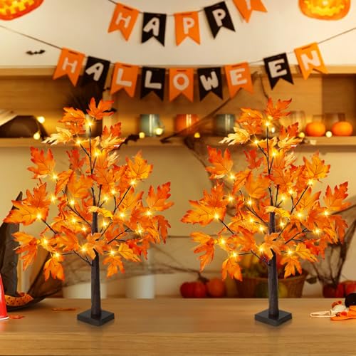 1 Pack 2FT Lighted Maple Tree for Fall Home Decor - Artificial Indoor Tree with LED Lights