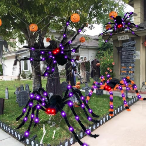 Outdoor Halloween Giant Spider Decorations 2 Pack - Orange and Black Light-Up Spiders with 8 Lighting Modes