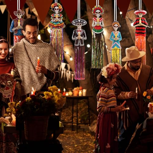 Day of the Dead Hanging Sugar Skull Decorations - Candle Style, 6 Pieces, 3 Ft
