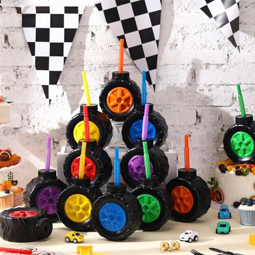 12 Pack Monster Truck Cups with Lids & Straws - 17 oz Plastic Tire-Shaped Drinkware for Kids - Variation of THIS listing: 12