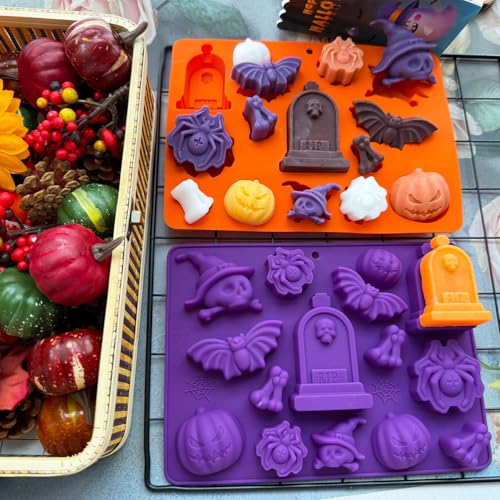 Halloween Candy Molds 2Pcs Silicone Pumpkin Skull Bat Witch Hat Gummy Cake Pop