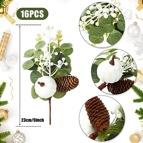 Fall Artificial Pumpkin Picks with Eucalyptus Pinecones & Berries - 16 Pack, 9 Inch Holiday Flower Decorations