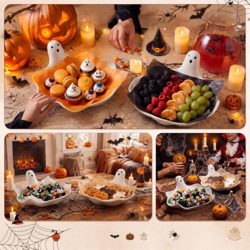 Halloween Ghost Candy Dish Set - Ceramic Ghost Plate Snack Bowls for Treats & Decor